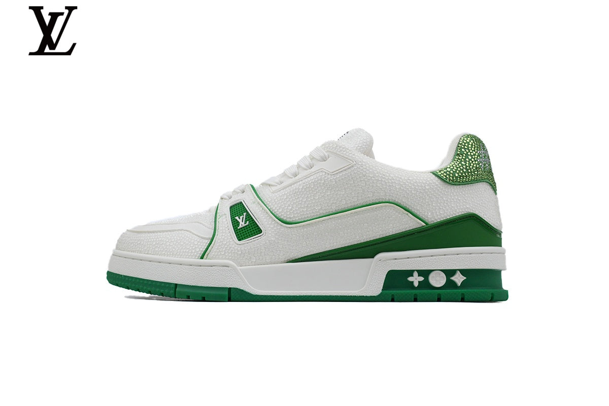 Louis Vuitton LV shoes for man  women Trainer Sneaker – White & Emerald Rhinestone
