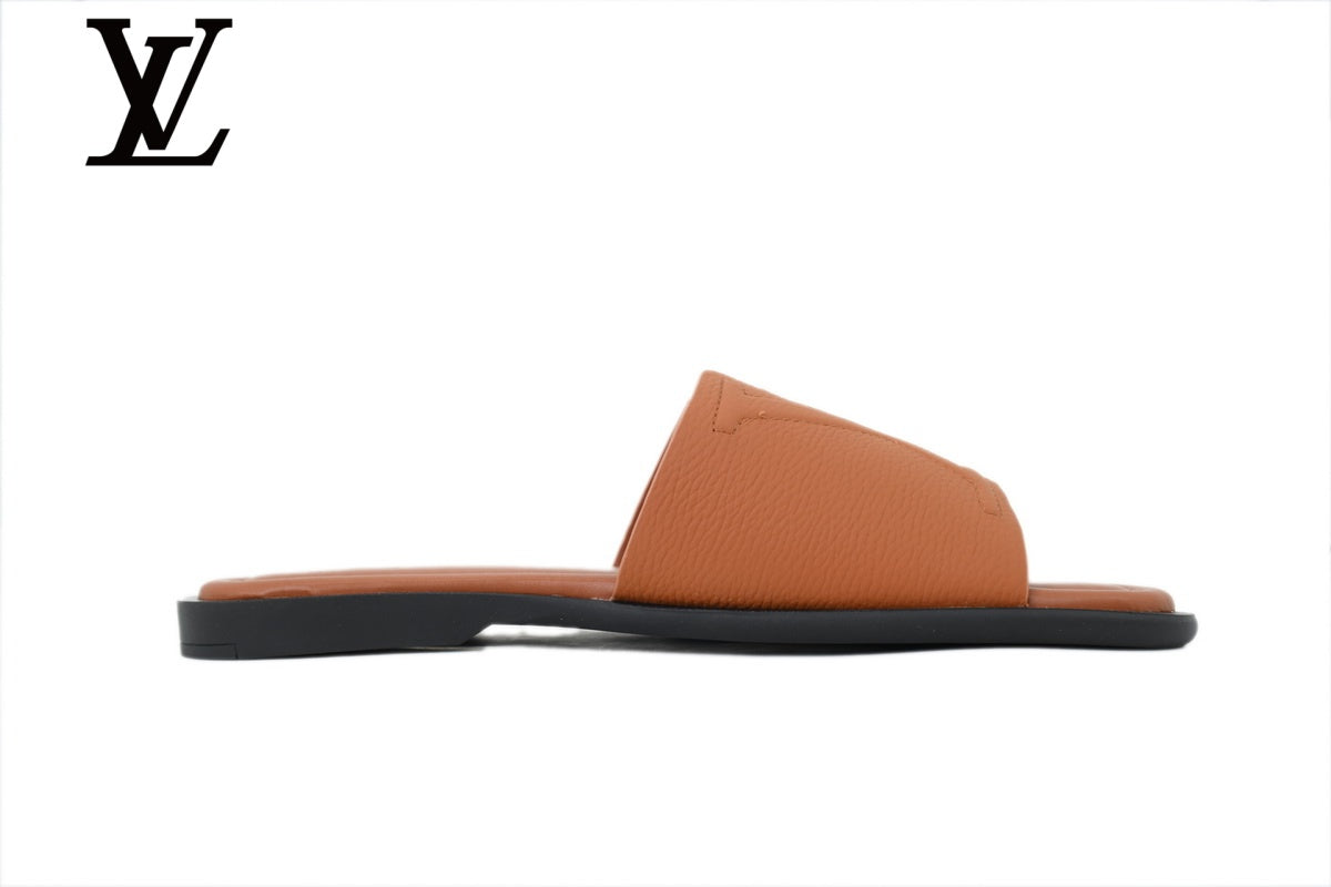 louis vuitton shoes for man  women sneakers Tan Grained Leather-Look Slides | Sizes 35–46