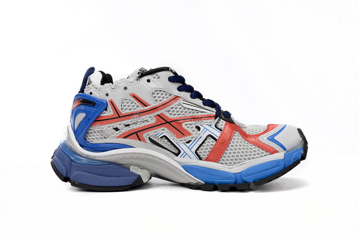 Balenciaga men's shoes Track Runner Sneaker – Distressed Low-Top balenciaga runners  White, Red, and Blue
