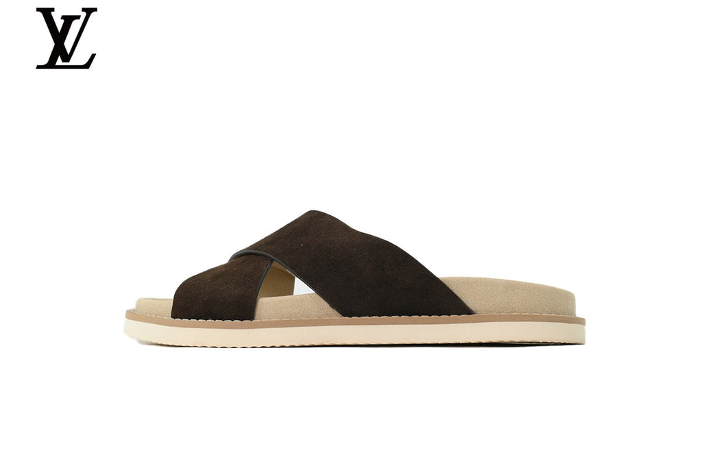 Louis Vuitton shoes for man  women Slide Sandal in Dark Brown Suede with Cross Strap