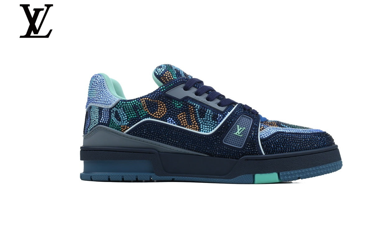 Louis Vuitton Trainer  shoes for man  women Sneaker – Navy Multicolor Crystal