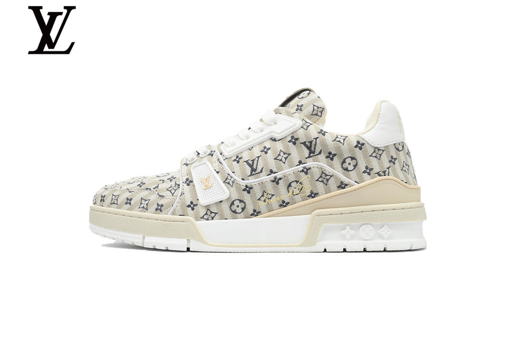 Louis Vuitton Low Top Trainer – Beige Monogram Striped Fabric & Gold Logo