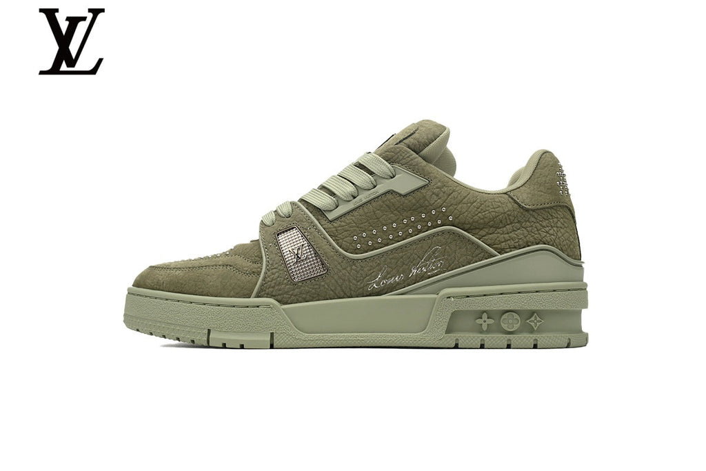 Louis Vuitton Low Top Trainer – Sage Green Grained Leather & Silver Logo