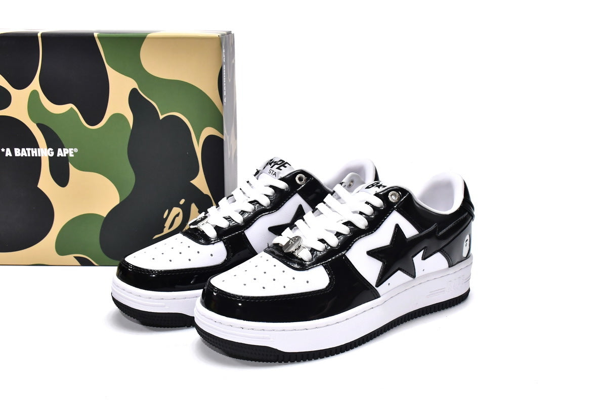 A BATHING APE BAPE STA Glossy Black & White Black-Star Sneakers | Women's & Men's Skate-Inspired Shoes