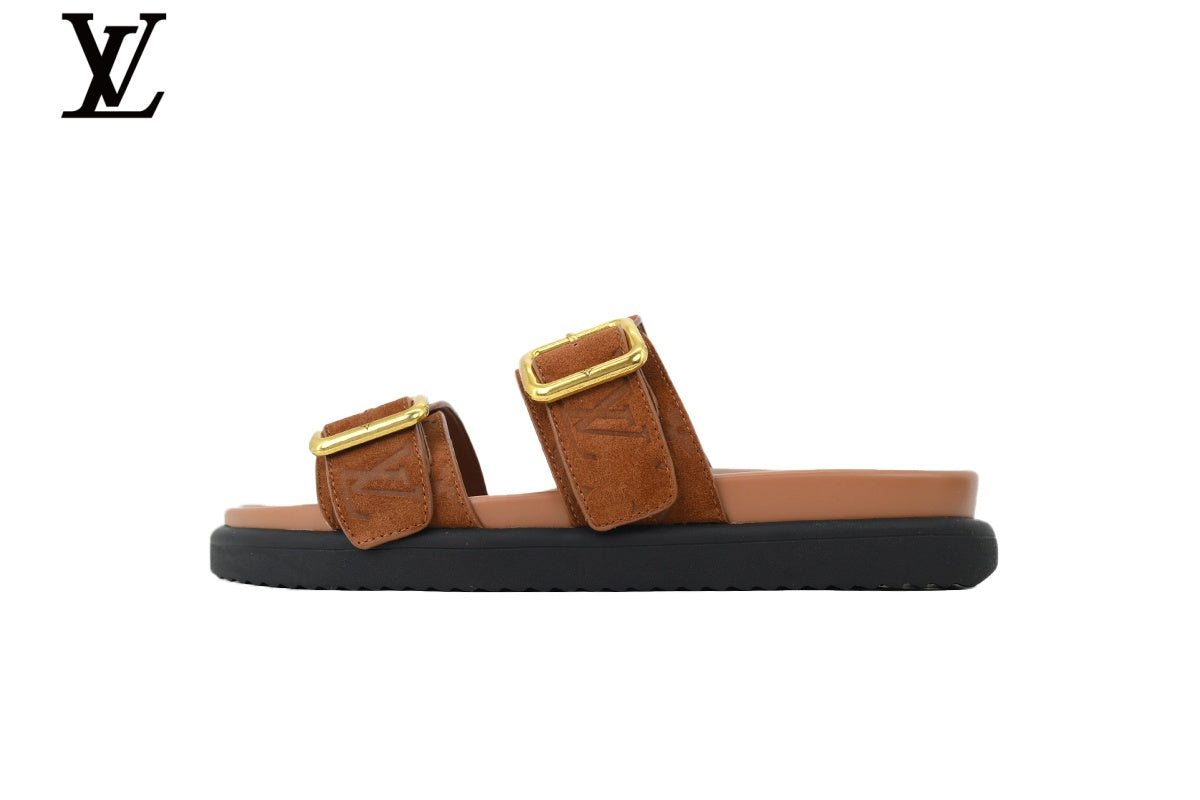 Louis Vuitton Monogram Slide Sandal in Caramel Brown with Gold Buckle and Double Strap