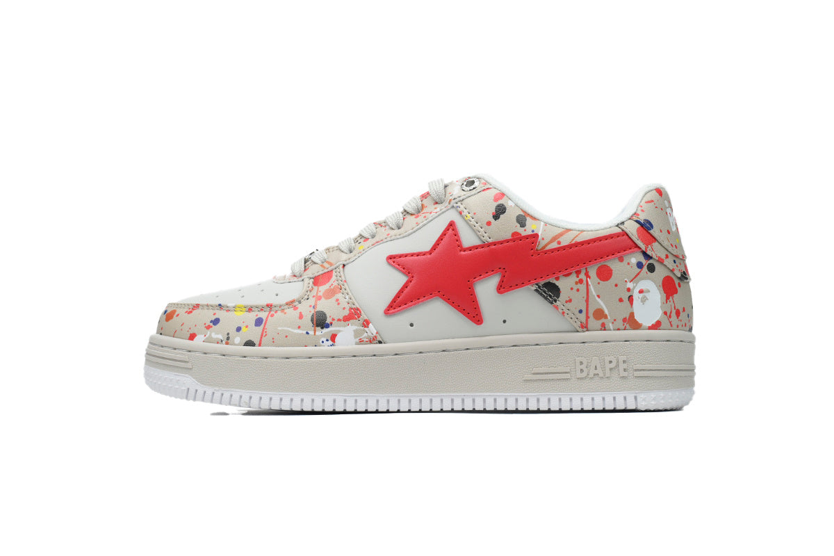 A BATHING APE BAPE STA Cream Paint-Splatter & Red-Star Sneakers | Women's & Men's Skate-Inspired Shoes