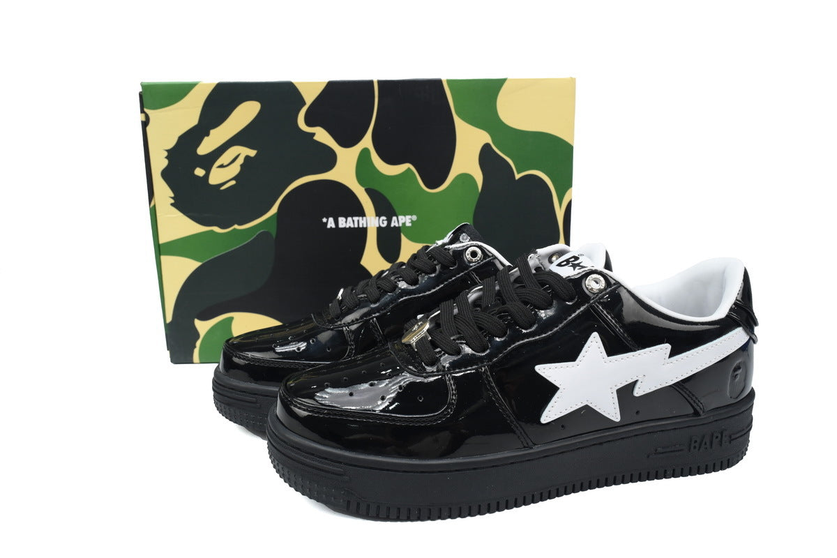A BATHING APE BAPE STA Glossy Black & White-Star Sneakers | Women's & Men's Skate-Inspired Shoes