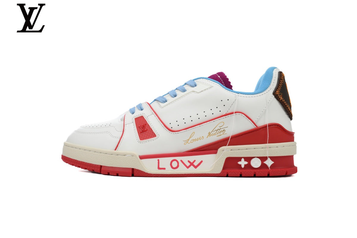 Louis Vuitton LV shoes for man  women Trainer Sneaker – White, Red & Blue