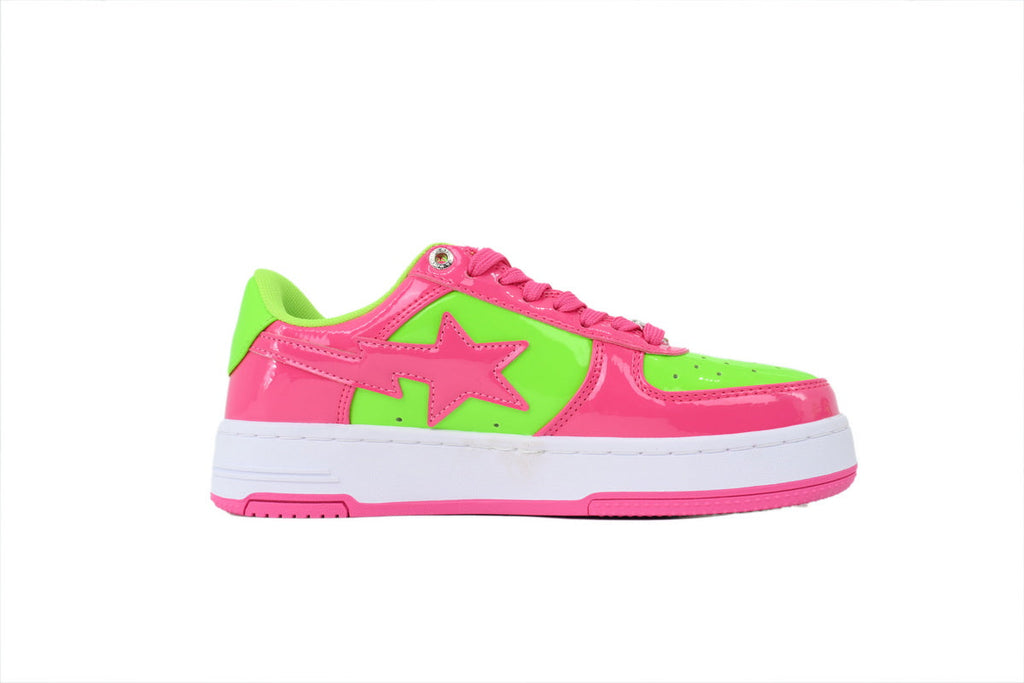 A BATHING APE BAPE STA Glossy Hot Pink & Neon Green Sneakers | Women's & Men's Skate-Inspired Shoes