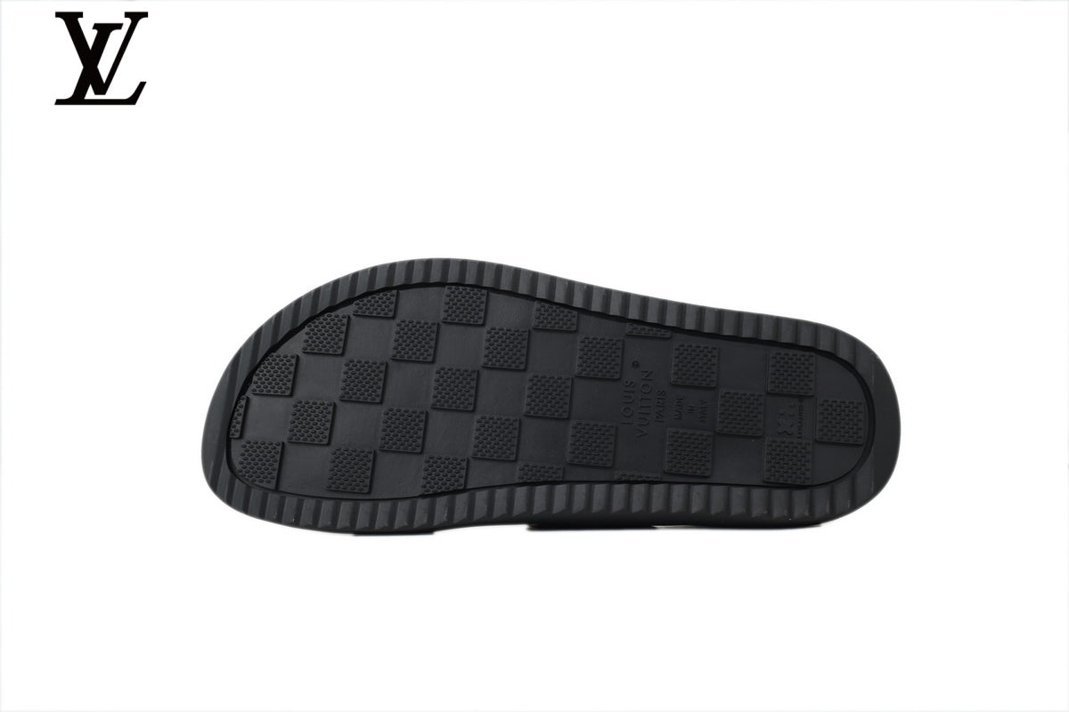 Louis Vuitton Monogram Slide Sandal in Caramel Brown with Gold Buckle and Double Strap