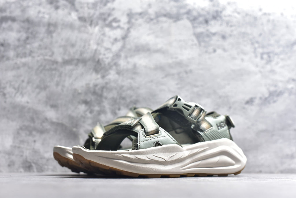 HOKA Recovery Women's Men's Shoes | Sage Green & Cream Buckle Strap Sandals