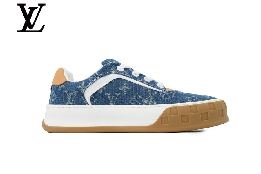 louis vuitton shoes for man  women Blue Monogram-Pattern Denim-Look Skate Sneakers | Sizes 35–46
