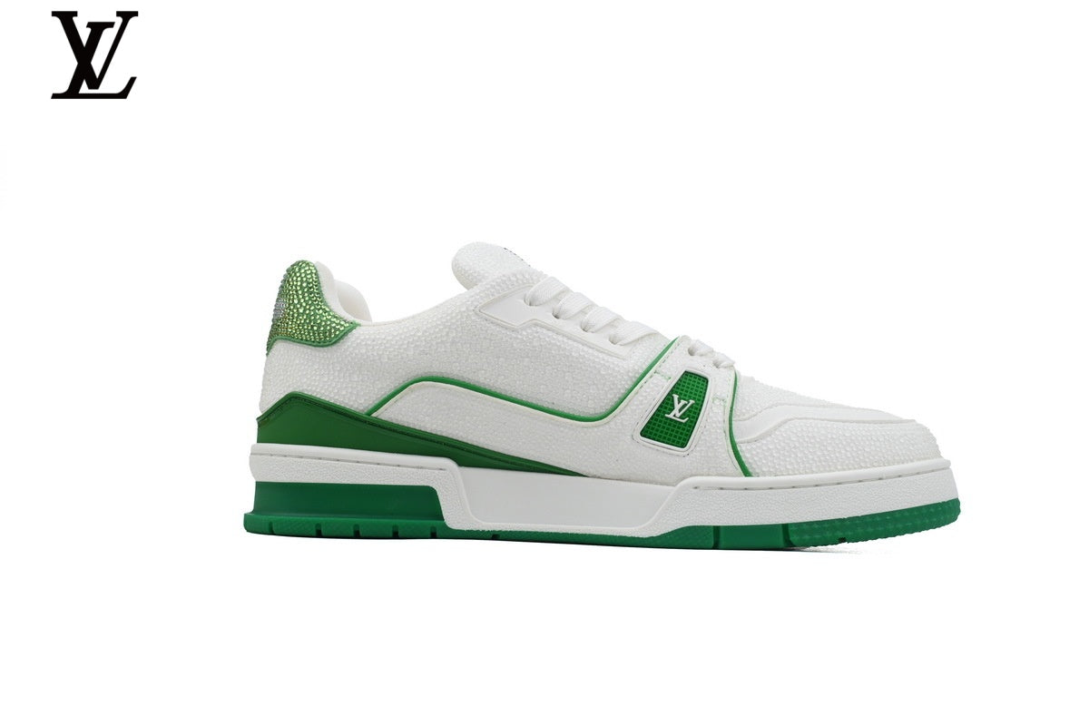 Louis Vuitton LV shoes for man  women Trainer Sneaker – White & Emerald Rhinestone