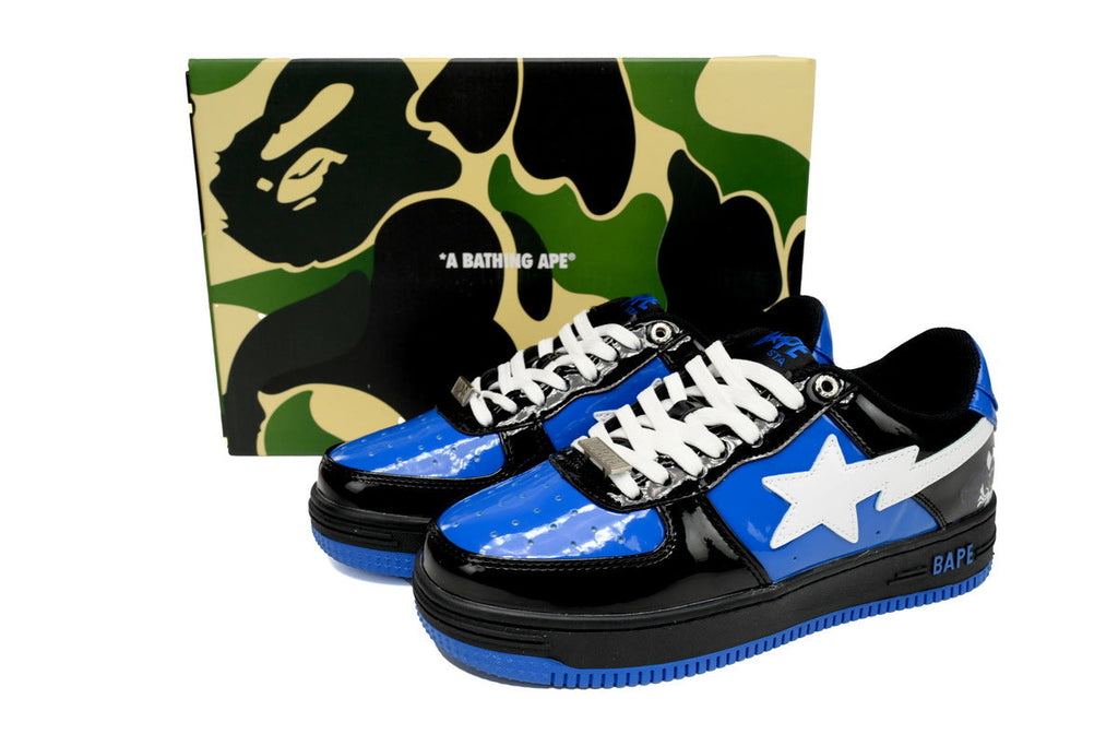 A BATHING APE BAPE STA Glossy Black & Royal Blue Graphic Sneakers | Women's & Men's Skate-Inspired Shoes