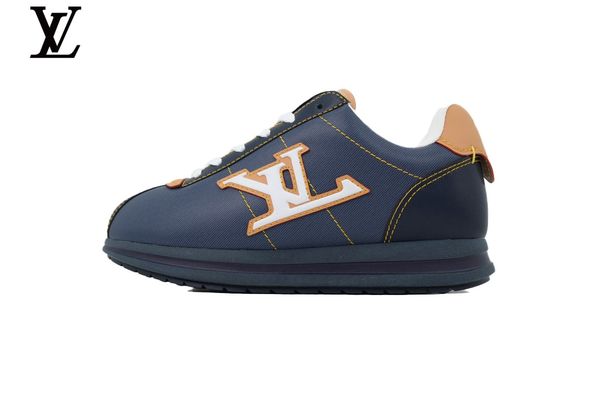 Louis Vuitton Low Top Sneaker in Navy Fabric and Leather Splicing with Two-Tone Logo