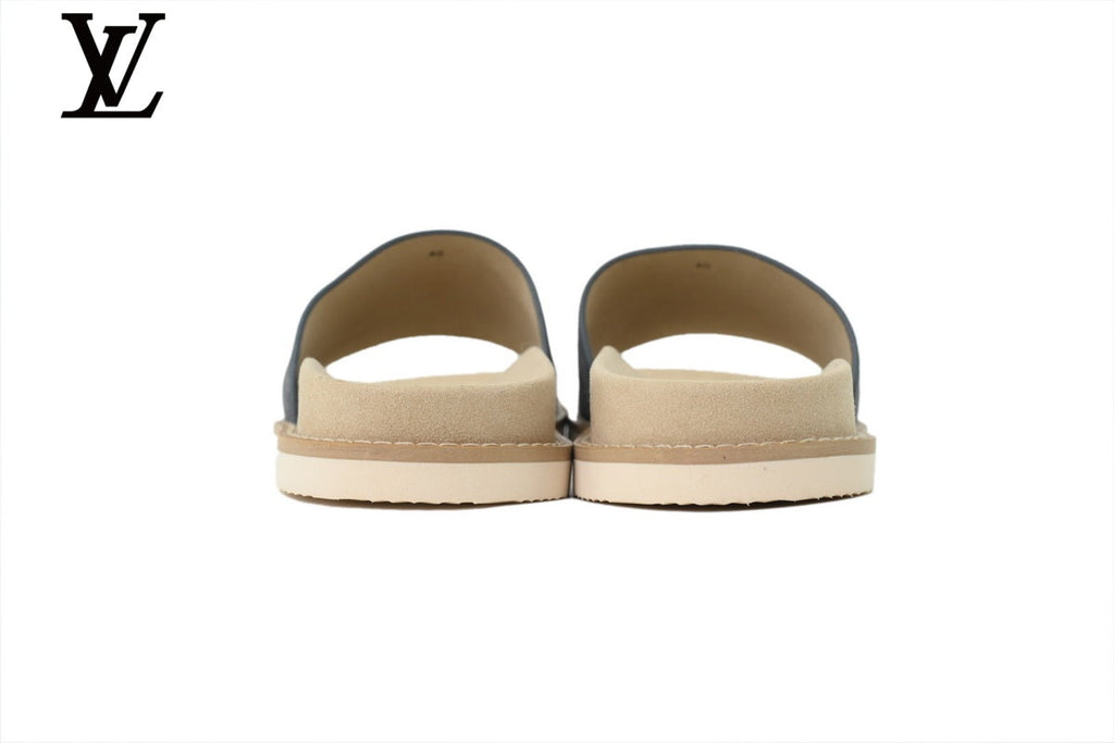 Louis Vuitton Single Strap Slide Sandal – Dark Grey Suede Leather & Beige Footbed