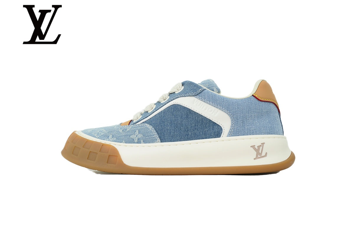 louis vuitton shoes for man  women Light Blue Monogram-Pattern Denim-Look Skate Sneakers | Sizes 35–46