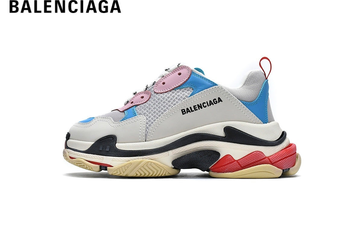 Balenciaga Triple S men's shoes  women sneakers- White, Pink & Blue