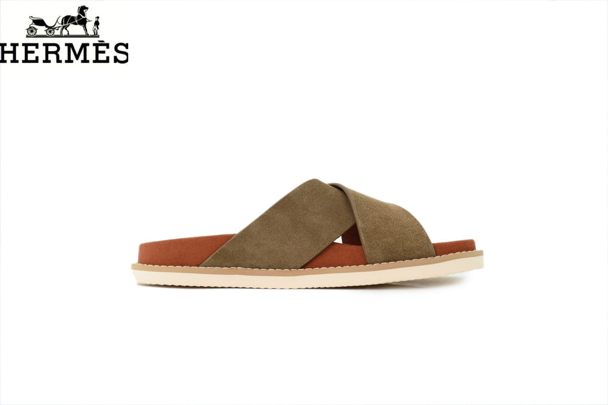 Hermès Olive Green Suede Cross-Strap Slide Sandal
