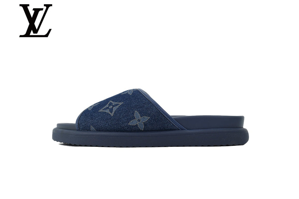 louis vuitton shoes for man  women sneakers Navy Blue Monogram-Pattern Denim-Look Slides | Sizes 35–46