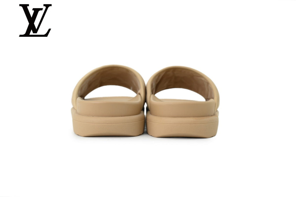 louis vuitton shoes for man  women Beige Monogram-Pattern Nubuck-Look Slides | Sizes 35–46