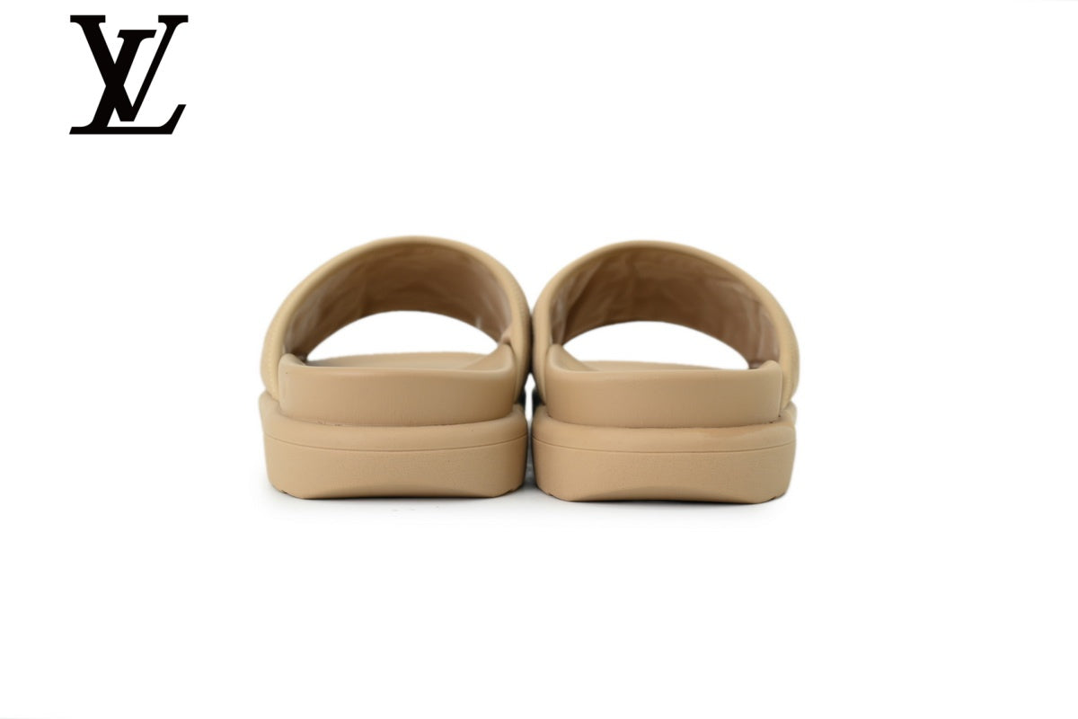 louis vuitton shoes for man  women Beige Monogram-Pattern Nubuck-Look Slides | Sizes 35–46