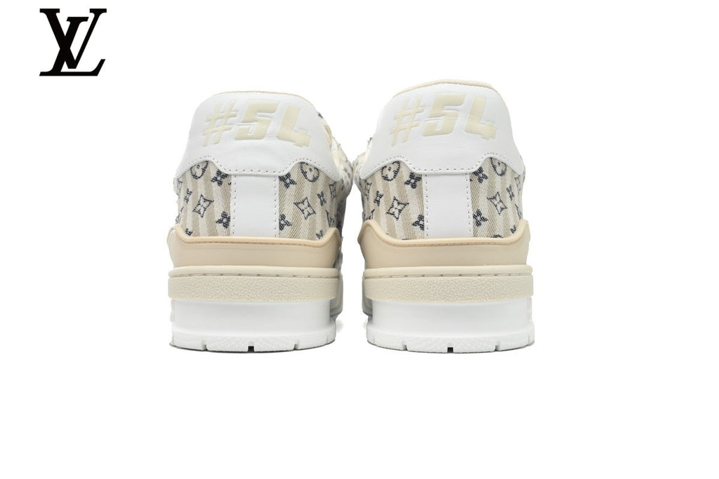 Louis Vuitton Low Top Trainer – Beige Monogram Striped Fabric & Gold Logo