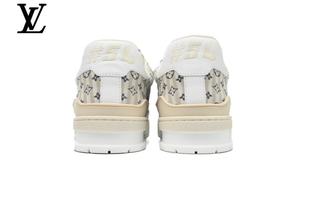 Louis Vuitton Low Top Trainer – Beige Monogram Striped Fabric & Gold Logo