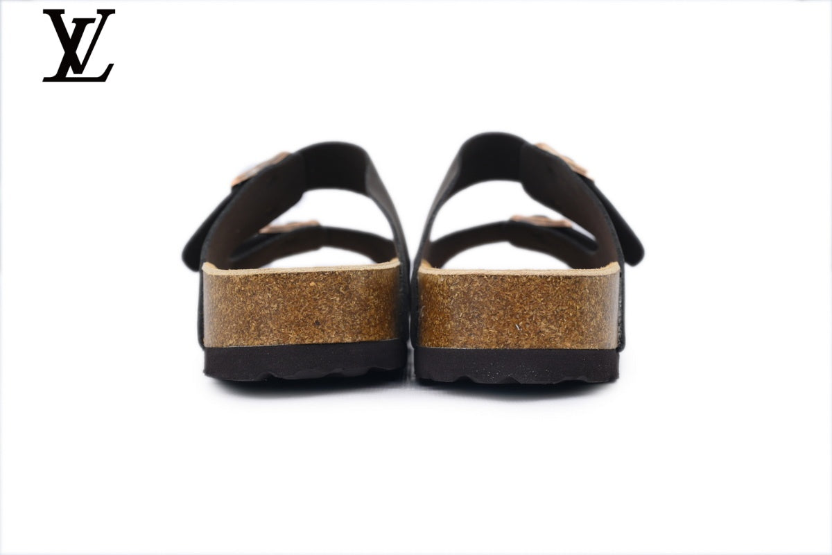 louis vuitton shoes for man  women Birkenstock Slide Sandal in Dark Grey with Double Buckle and Cork Footbed