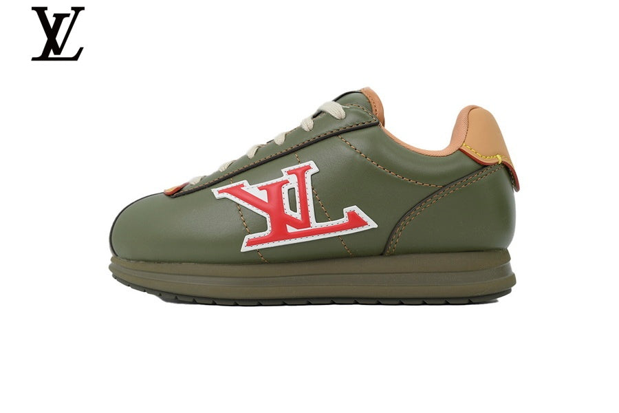 Louis Vuitton Low Top Sneaker in Olive Smooth Leather with Red Outline Logo