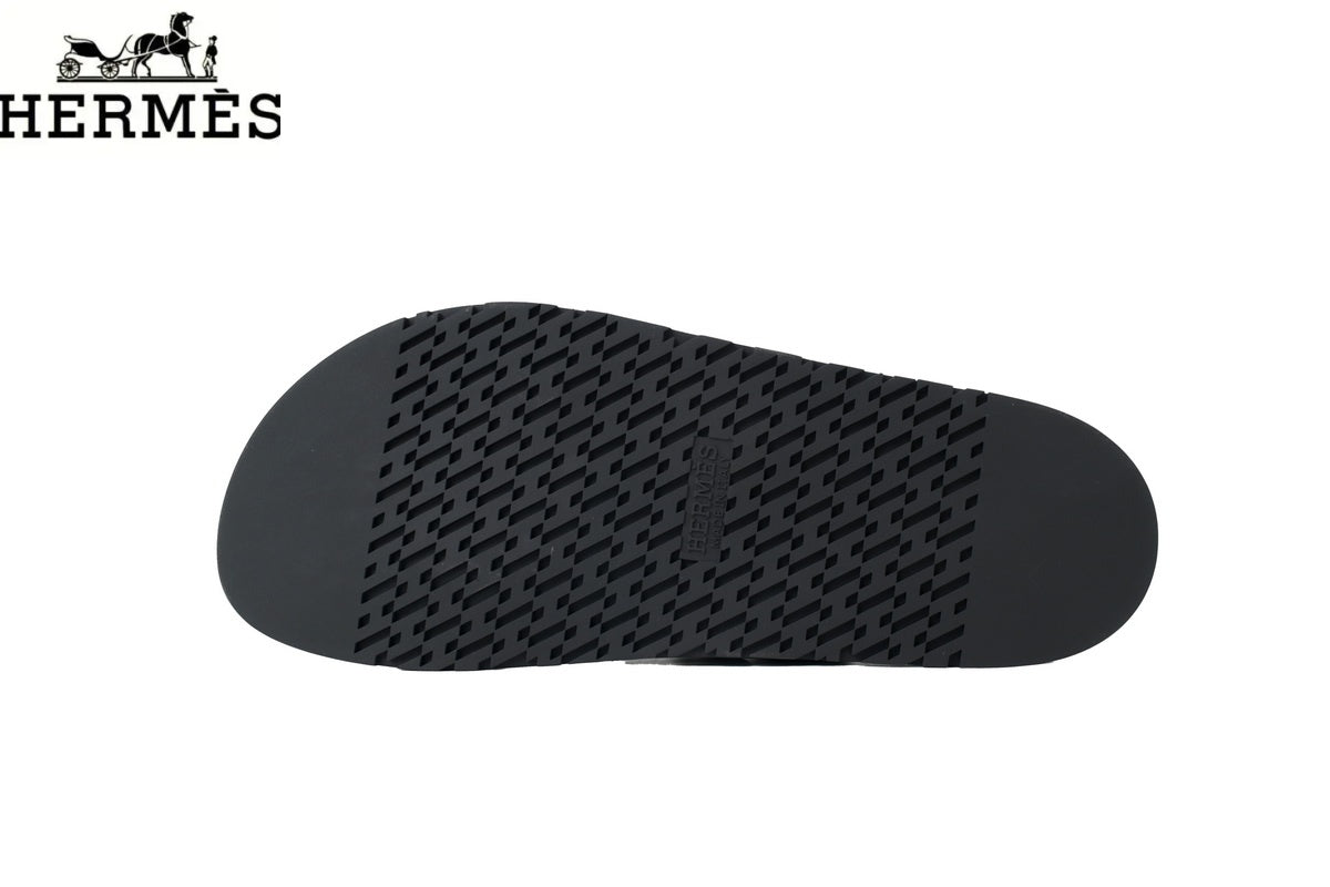 Hermès Black Leather Dual-Strap Slide Sandal