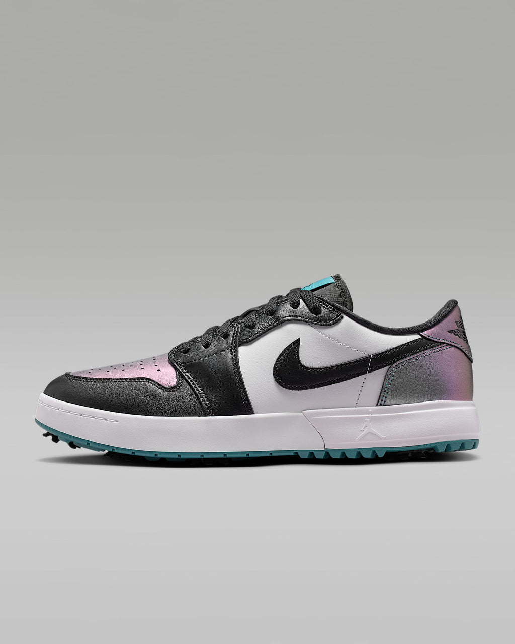 nike mens low top shoes Air Jordan 1 Low G Golf White Black and Iridescent Teal Sneakers