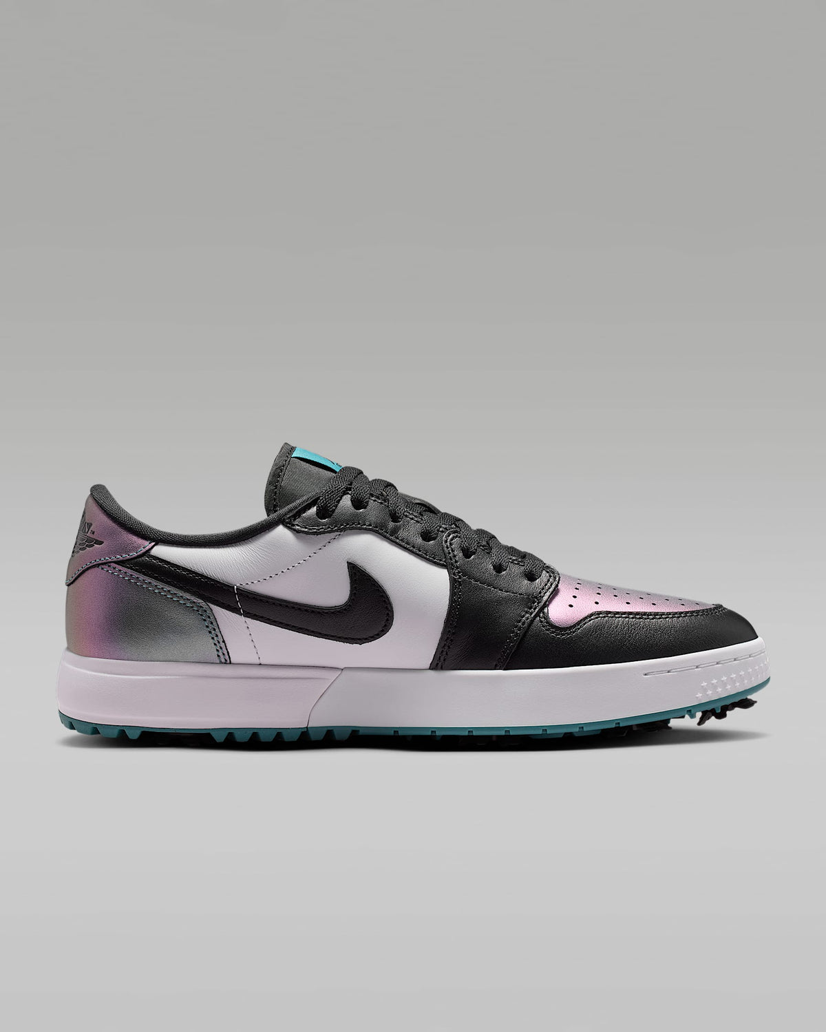 nike mens low top shoes Air Jordan 1 Low G Golf White Black and Iridescent Teal Sneakers