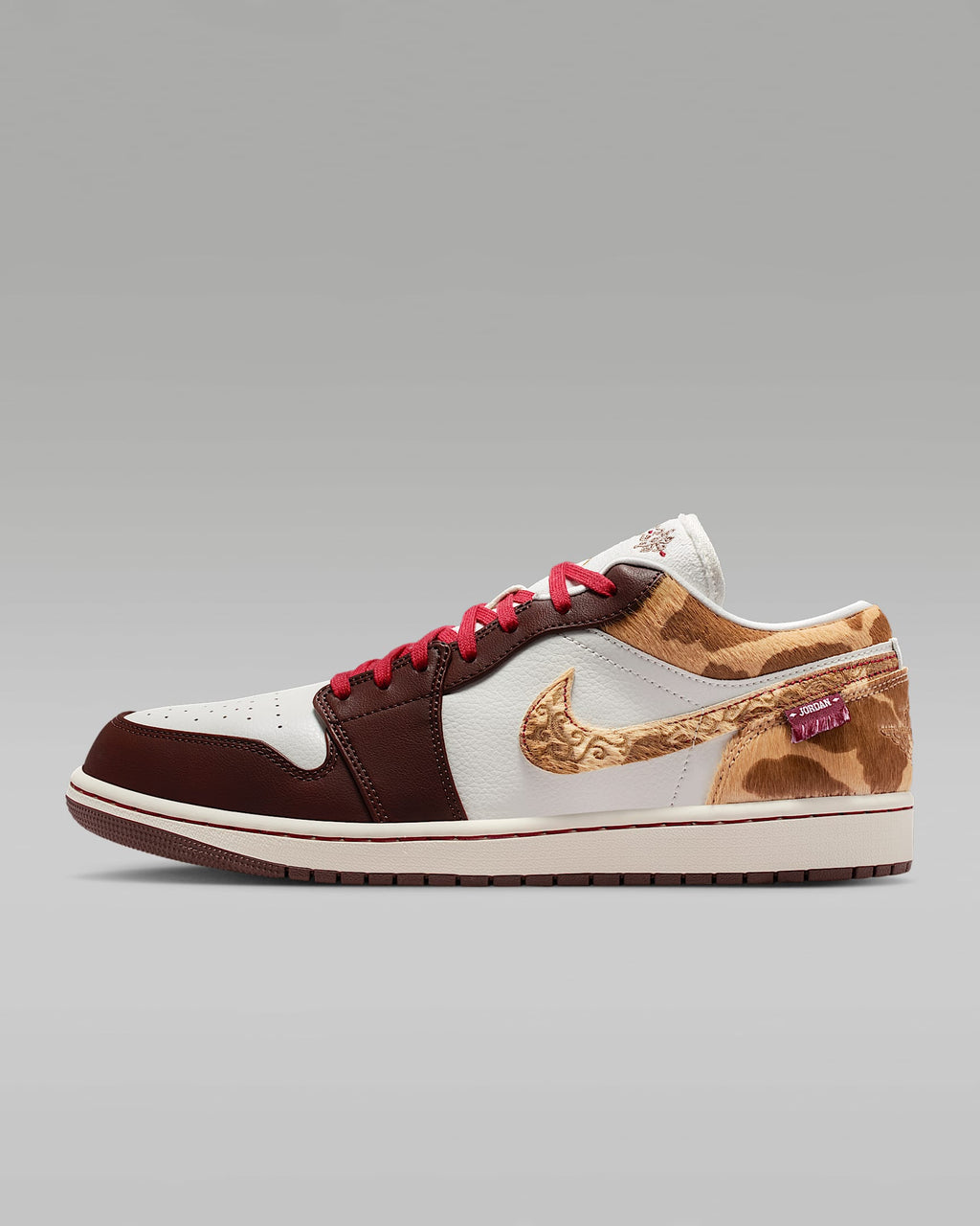 nike mens low top shoes Air Jordan 1 Low White Dark Brown Leopard Fur Red Laces Leather Sneakers