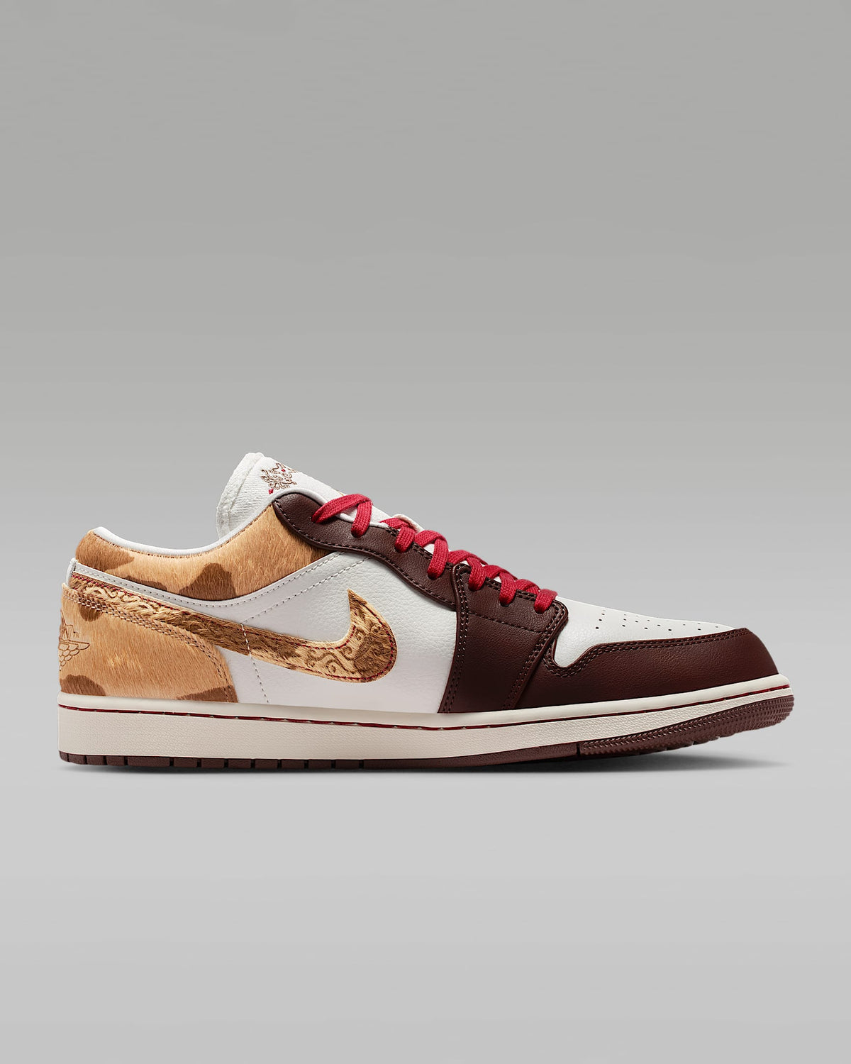 nike mens low top shoes Air Jordan 1 Low White Dark Brown Leopard Fur Red Laces Leather Sneakers