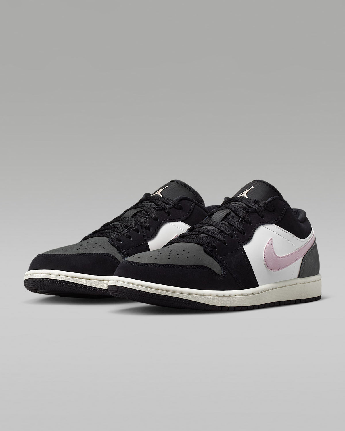 nike mens low top shoes Air Jordan 1 Low Black White Medium Olive and Pink Foam Sneakers