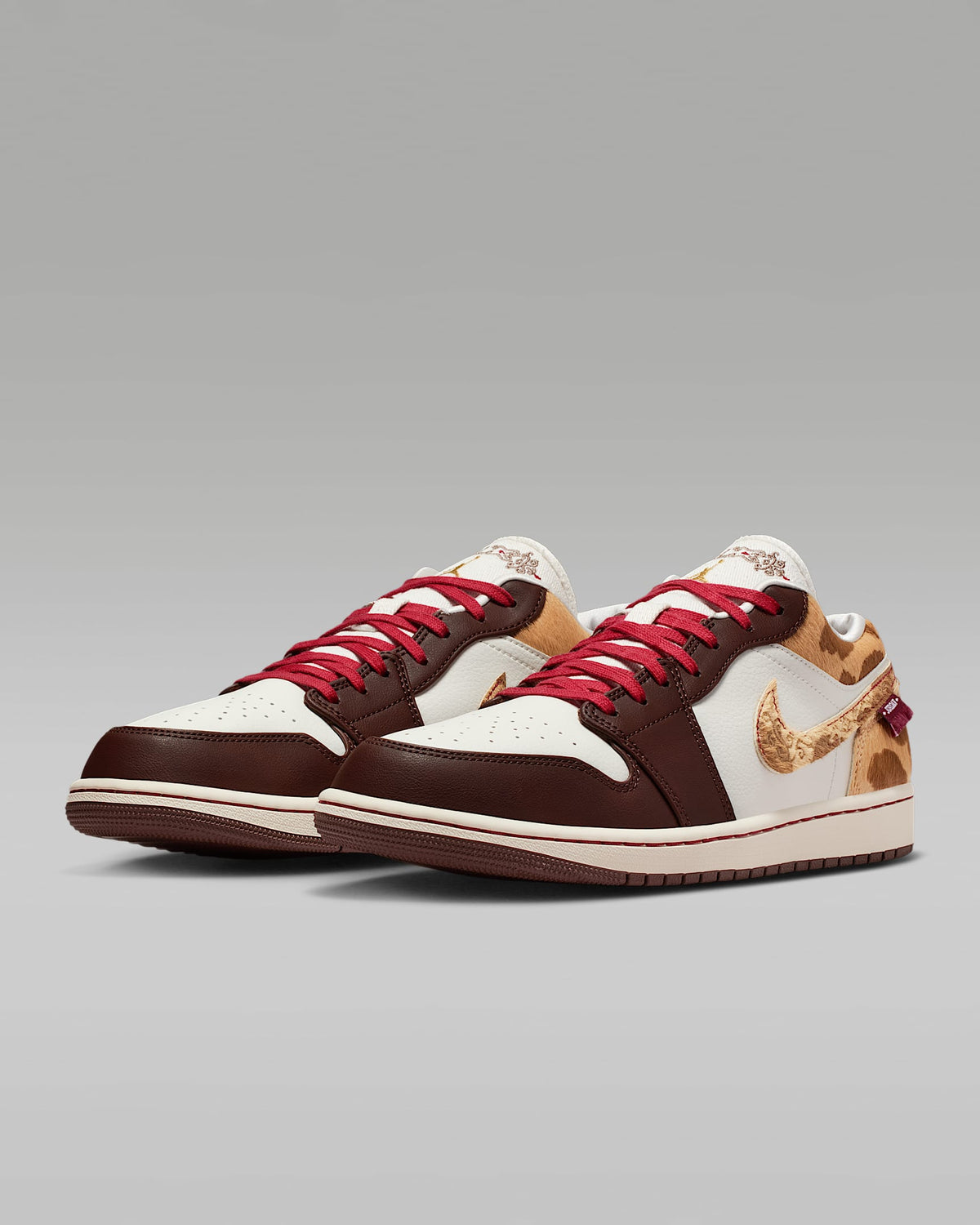 nike mens low top shoes Air Jordan 1 Low White Dark Brown Leopard Fur Red Laces Leather Sneakers