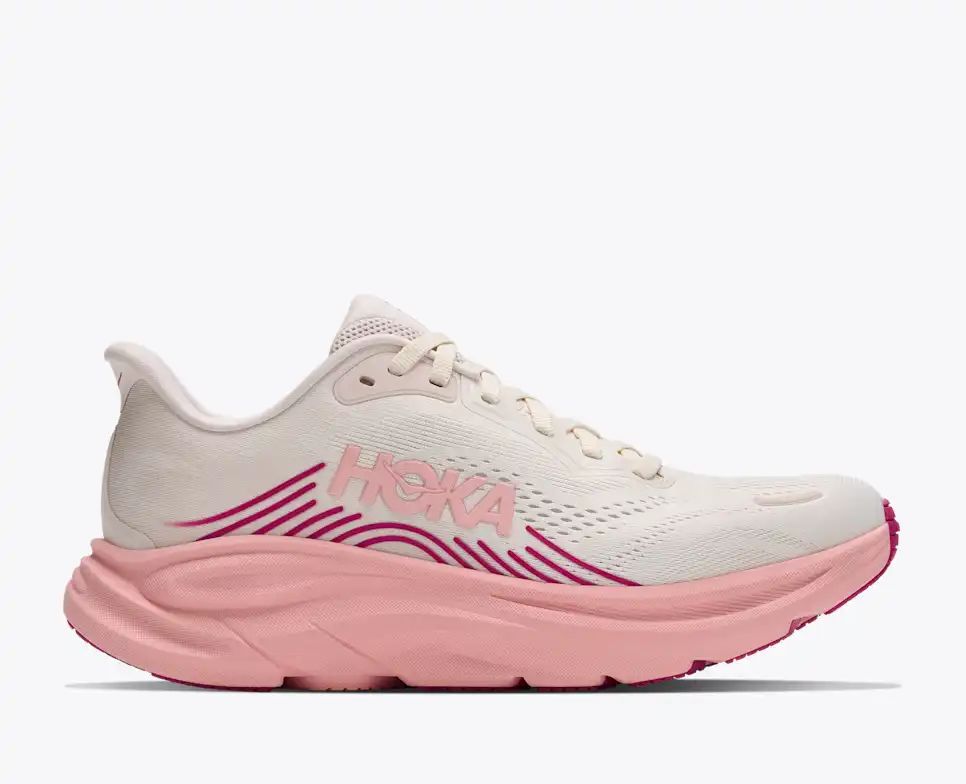 HOKA Bondi 8 Women's Men's Shoes | Cream, White & Pink Mesh Running Sneakers