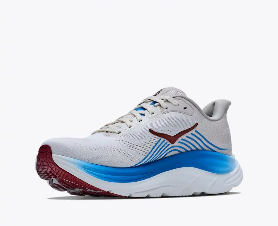HOKA Bondi 8 Women's Men's Shoes | Off-White, Blue & Burgundy Mesh Running Sneakers