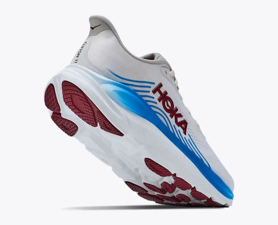 HOKA Bondi 8 Women's Men's Shoes | Off-White, Blue & Burgundy Mesh Running Sneakers