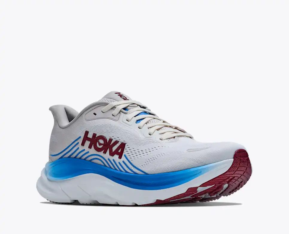 HOKA Bondi 8 Women's Men's Shoes | Off-White, Blue & Burgundy Mesh Running Sneakers
