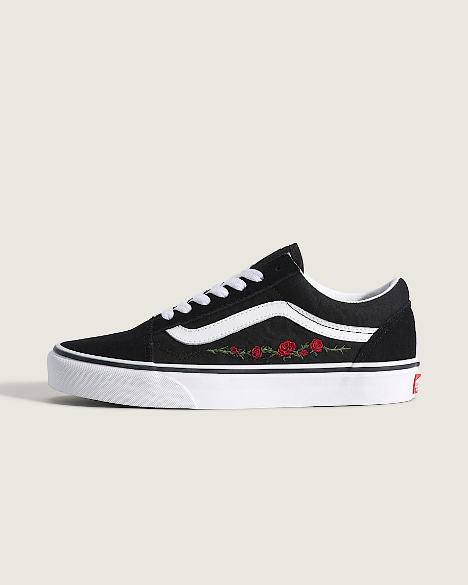 Vans Old Skool Black Red Rose Embroidery slip on shoes mens vans womens vans shoes slip on