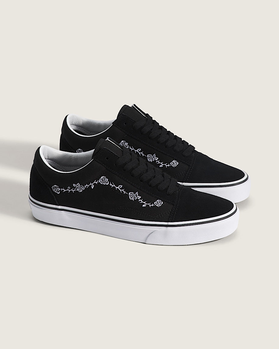 Vans Old Skool Black White Rose Embroidery slip on shoes mens vans womens vans shoes slip on
