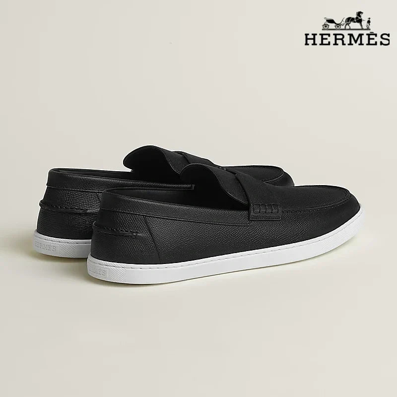 Hermès Black Grain Leather Loafer with White Sole