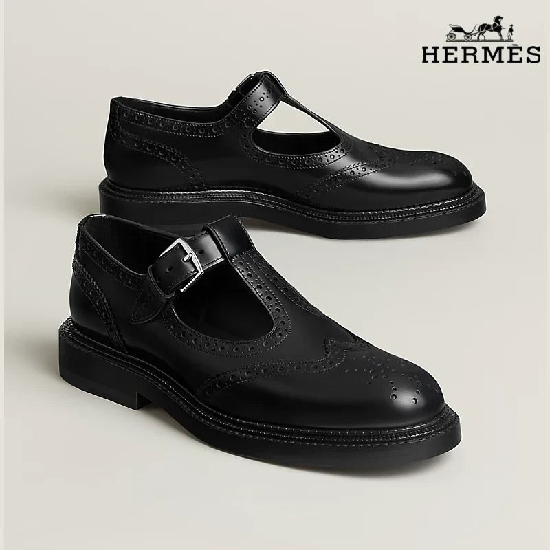 Hermès Black Leather T-Strap Brogue with Buckle