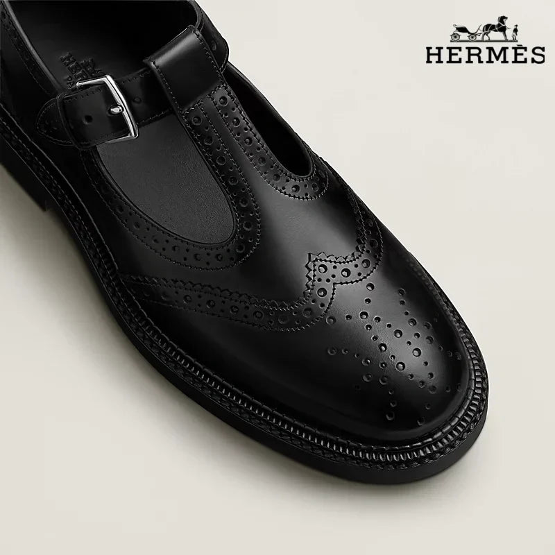 Hermès Black Leather T-Strap Brogue with Buckle