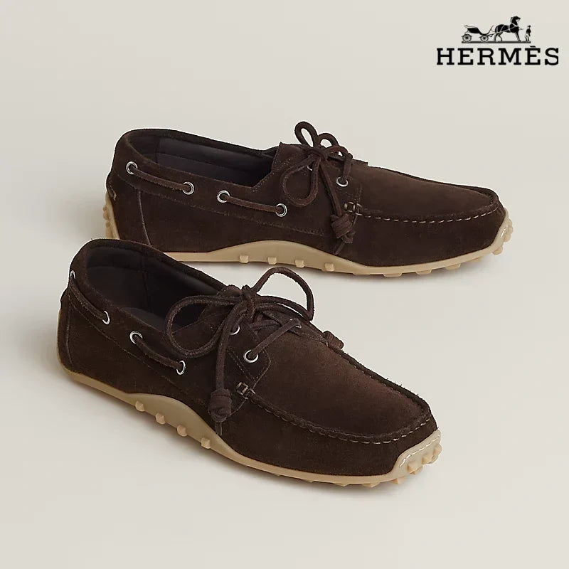 Hermès Dark Brown Suede Lace-Up Driving Shoe with Gum Sole