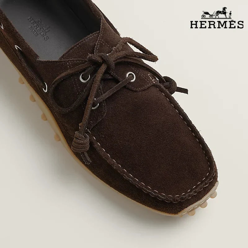 Hermès Dark Brown Suede Lace-Up Driving Shoe with Gum Sole
