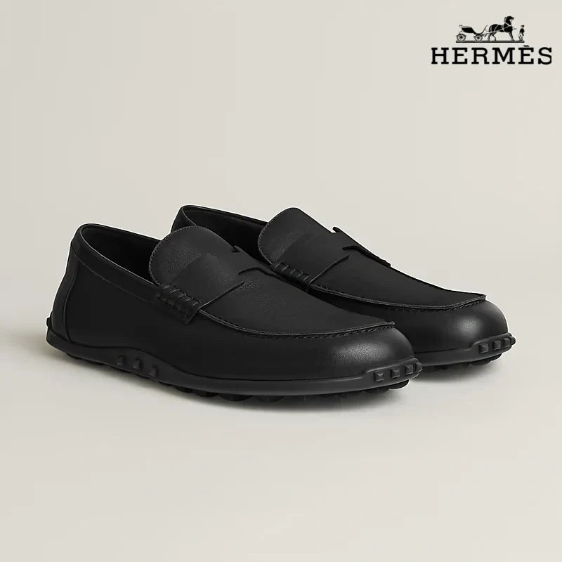 Hermès Black Smooth Leather Driving Loafer with Studded Sole