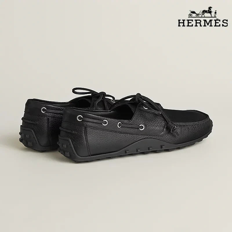 Hermès Black Grained Leather Lace-Up Driving Shoe with Studded Sole